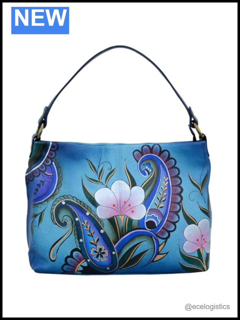 Hand Painted Leather Large Hobo Shoulder Bag Boho Floral Paisley Purse